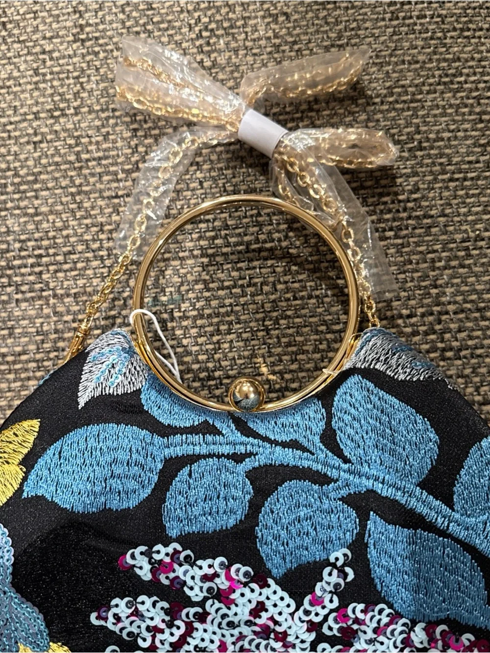 Urban Expressions Beaded Sequin Bag Brass Handle Blue Floral Kiss Lock